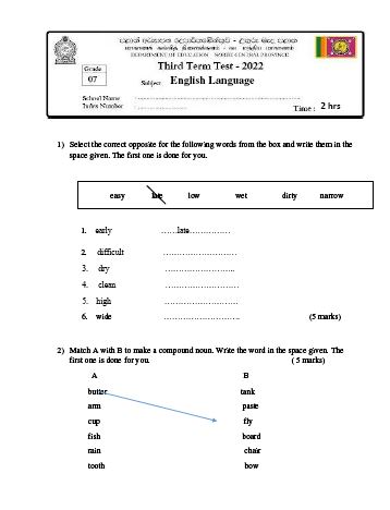 North Central Province 2022 Grade 07 English 3rd Term Test Paper with Answers