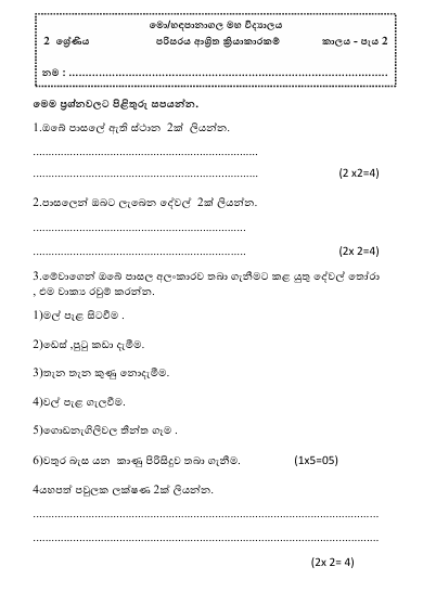 Grade 02 Environment Term Test Paper 2024 | Hadapanagala Vidyalaya
