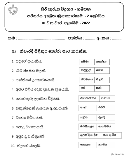Grade 02 Environment 3rd Term Test Paper 2022 | Holy Cross College