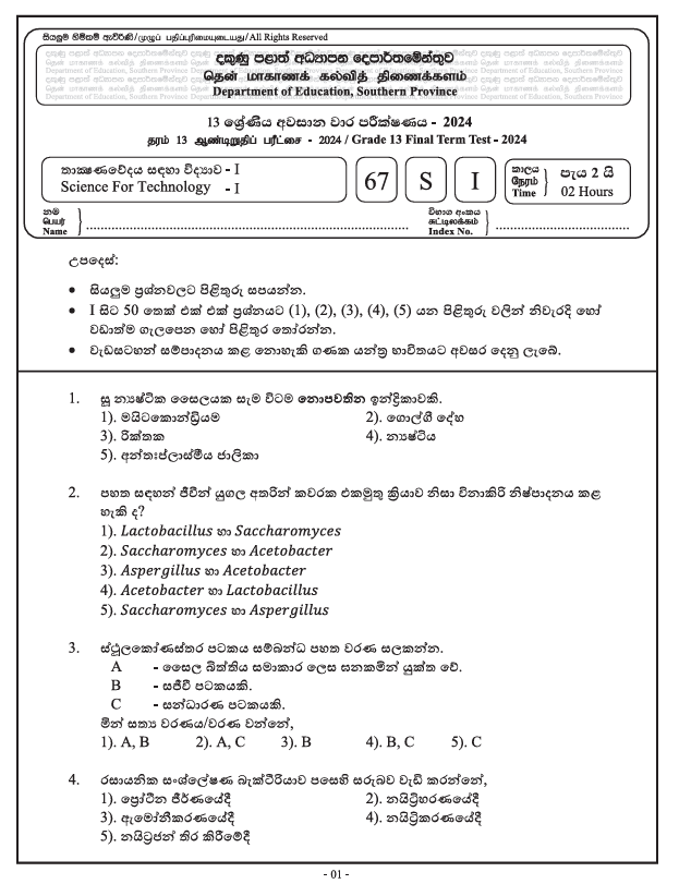 Southern Province Grade 13 SFT Third Term Test Paper 2024