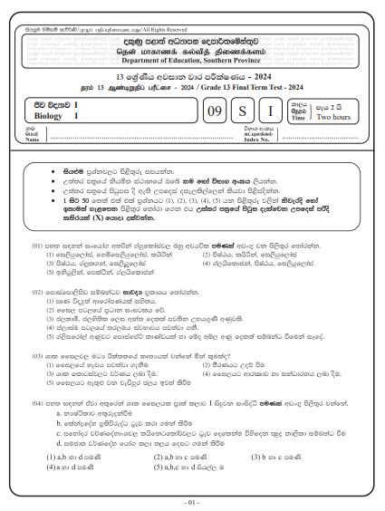 2024 Grade 13 Biology 3rd Term Test Paper with Answers | Southern Province