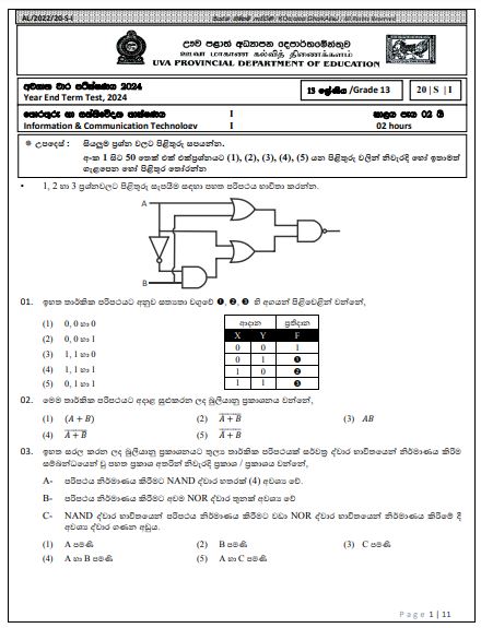 2024 Grade 13 ICT 3rd Term Test Paper with Answers | Uva Province