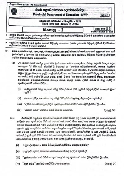 2024 Grade 13 Sinhala 3rd Term Test Paper with Answers | North Western Province