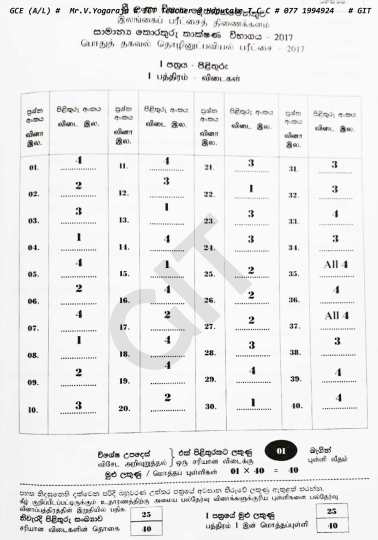 Official G.C.E. 2017 A/L GIT Answer Sheet Sinhala Medium PDF