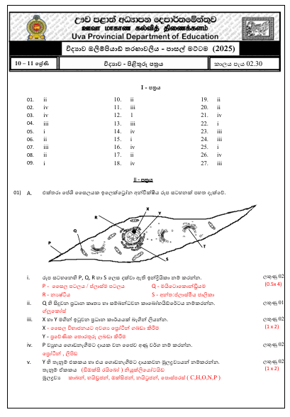 Grade 10 , Grade 11 Science Provincial Olympiad Past Paper 2025