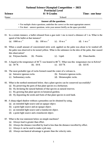 Grade 08, Grade 09 Science Provincial Olympiad Past Paper 2023 | English Medium