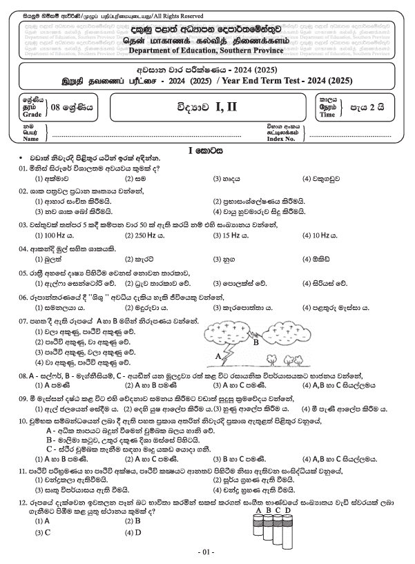 Southern Province 2024 Grade 08 Science Third Term Test Paper PDF With Answers in Sinhala Medium