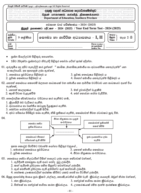 Southern Province 2024 Grade 09 Health Third Term Test Paper PDF With Answers In Sinhala Medium