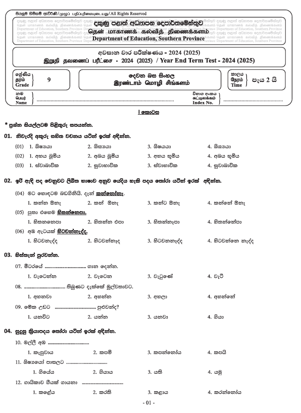 Southern Province 2024 Grade 09 Second Language Sinhala Third Term Test Paper PDF in Tamil Medium