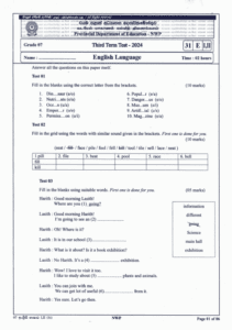 North Western Province 2024 Grade 07 English Language 3rd Term Test Paper