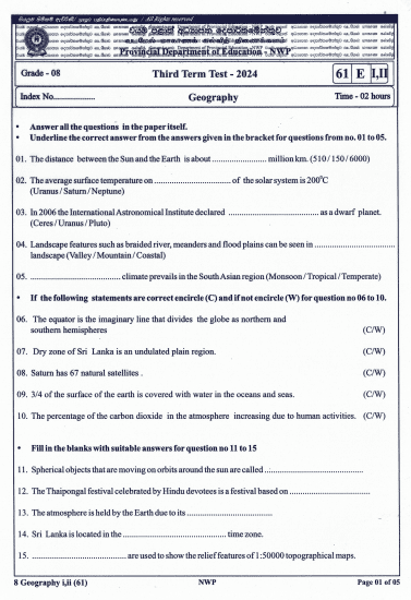 North Western Province 2024 Grade 08 Geography Third Term Test Paper PDF with Answers in English Medium