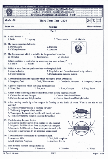 North Western Province 2024 Grade 08 Science Third Term Test Paper PDF with Answers in English Medium