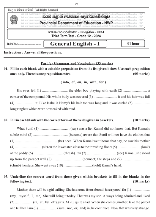 North Western Province Grade 12 General English Third Term Test Paper 2024 With Answers