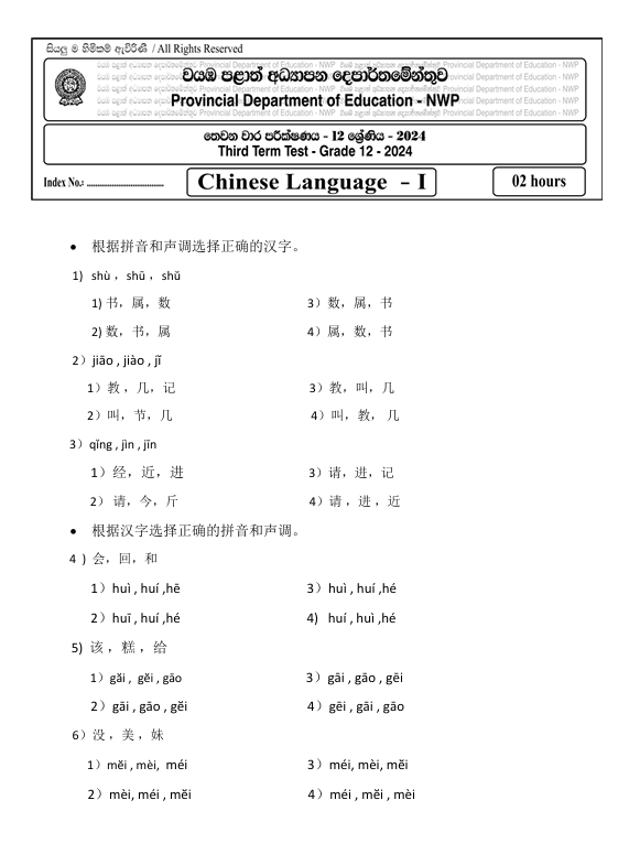 North Western Province Grade 12 Chinese Language Third Term Test Paper 2024