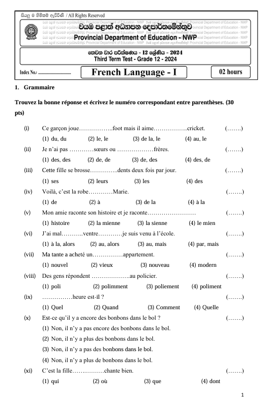 North Western Province Grade 12 French Language Third Term Test Paper 2024