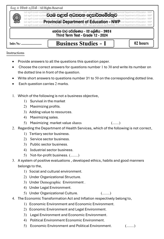 North Western Province Grade 12 Business Studies Third Term Test Paper 2024 with Answers in English Medium