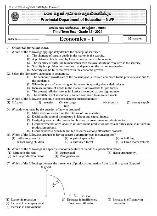 North Western Province Grade 12 Economics Third Term Test Paper 2024 in English Medium