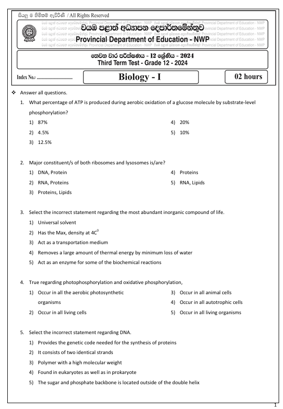 North Western Province Grade 12 Biology Third Term Test Paper 2024 in English Medium
