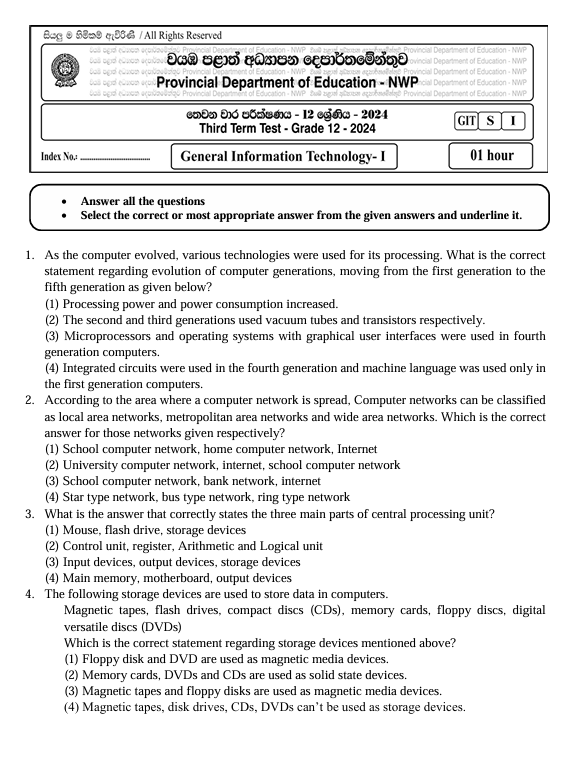 North Western Province Grade 12 GIT Third Term Test Paper 2024 With Answers in English Medium