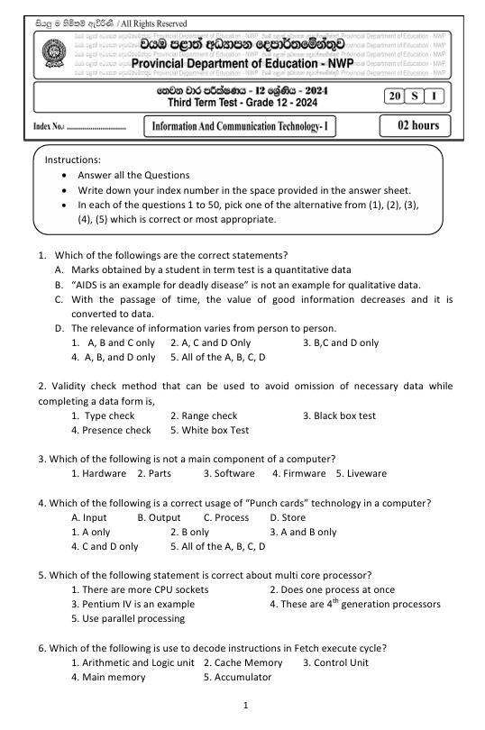 North Western Province Grade 12 ICT Third Term Test Paper 2024 With Answers in English Medium