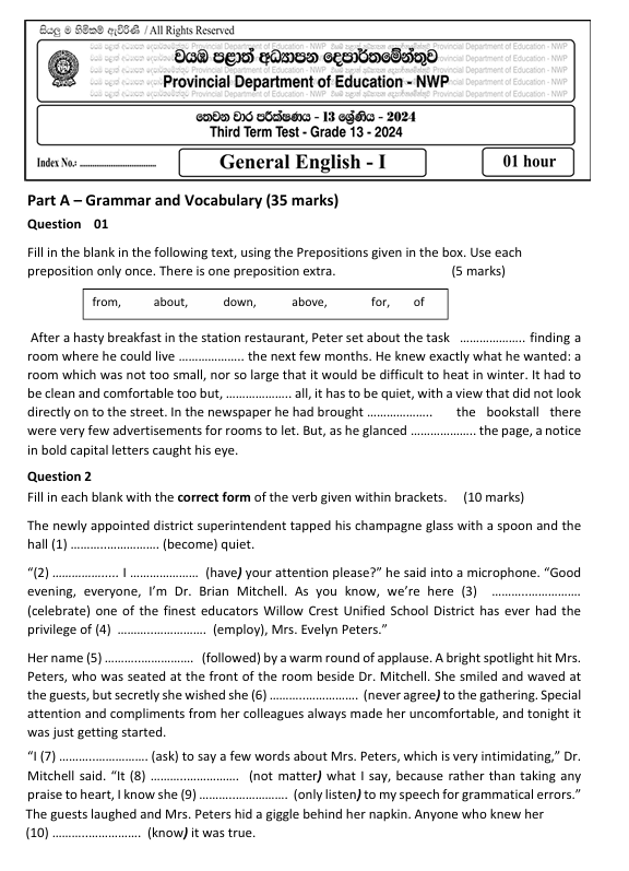 North Western Province Grade 13 General English Third Term Test Paper 2024