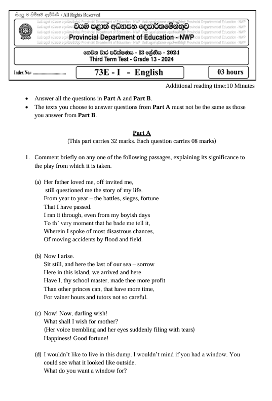North Western Province Grade 13 English Third Term Test Paper 2024 With Answers