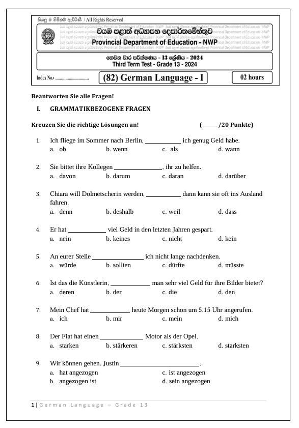 North Western Province Grade 13 German Language Third Term Test Paper 2024