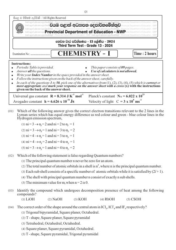 North Western Province Grade 13 Chemistry Third Term Test Paper 2024 in English Medium