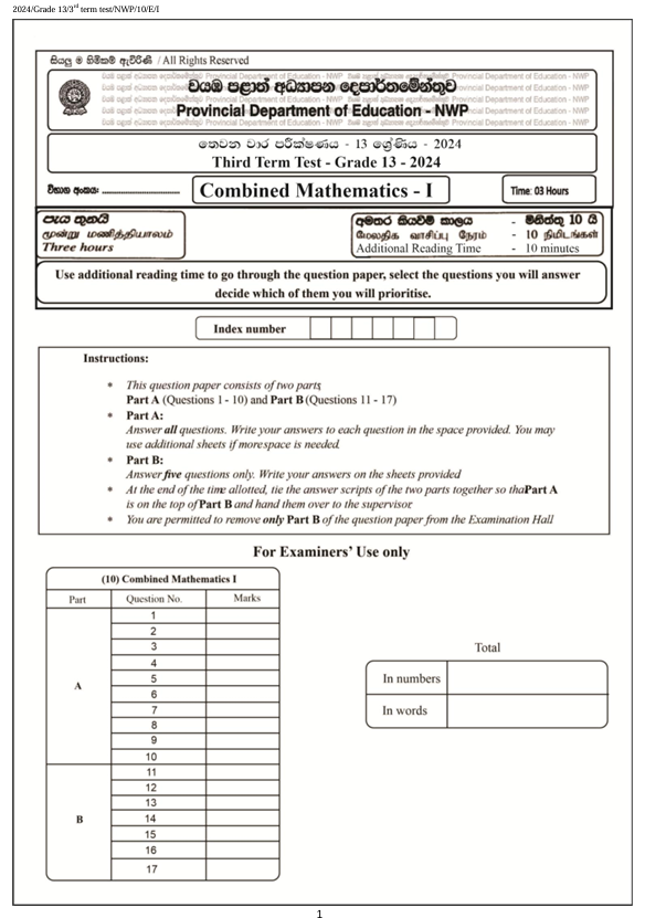 North Western Province Grade 13 Combined Maths Third Term Test Paper 2024 in English Medium