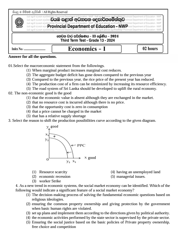 North Western Province Grade 13 Economics Third Term Test Paper 2024 in English Medium
