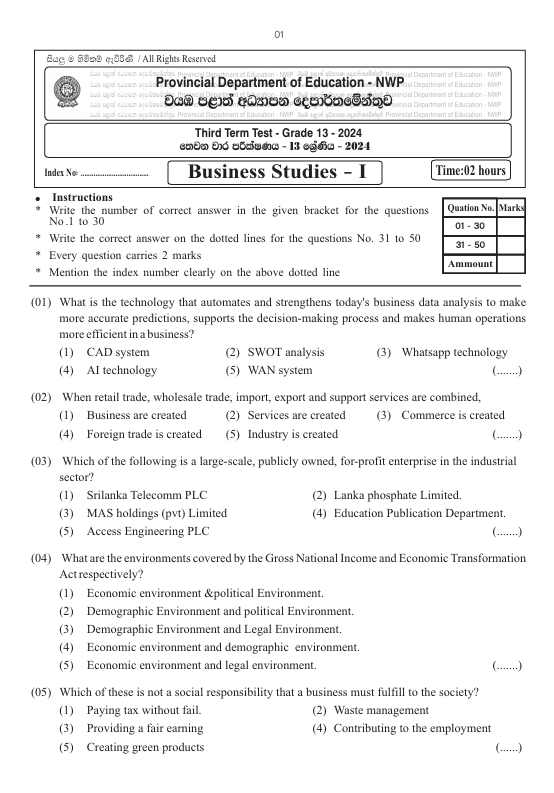 North Western Province Grade 13 Business Studies Third Term Test Paper 2024 in English Medium