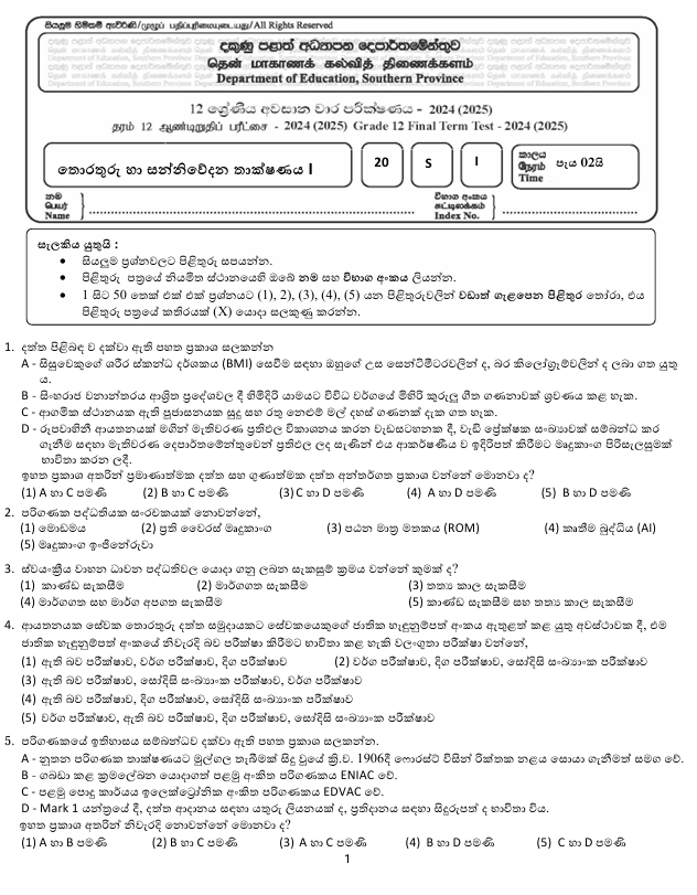 Southern Province Grade 12 ICT Third Term Test Paper 2024