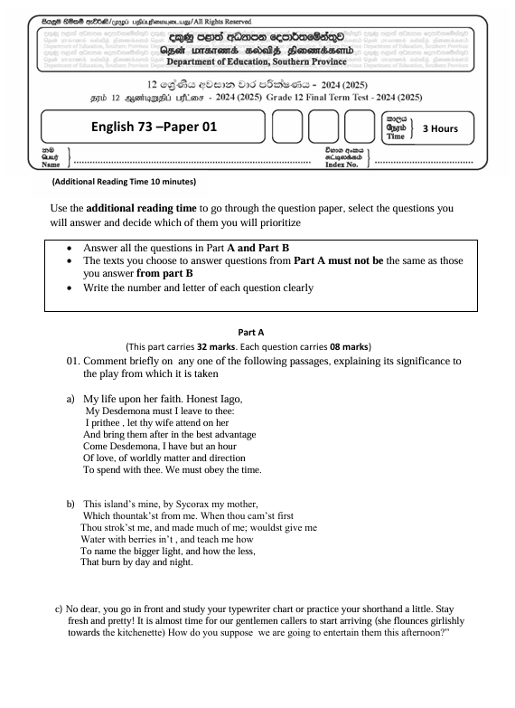 Southern Province Grade 12 English Third Term Test Paper 2024