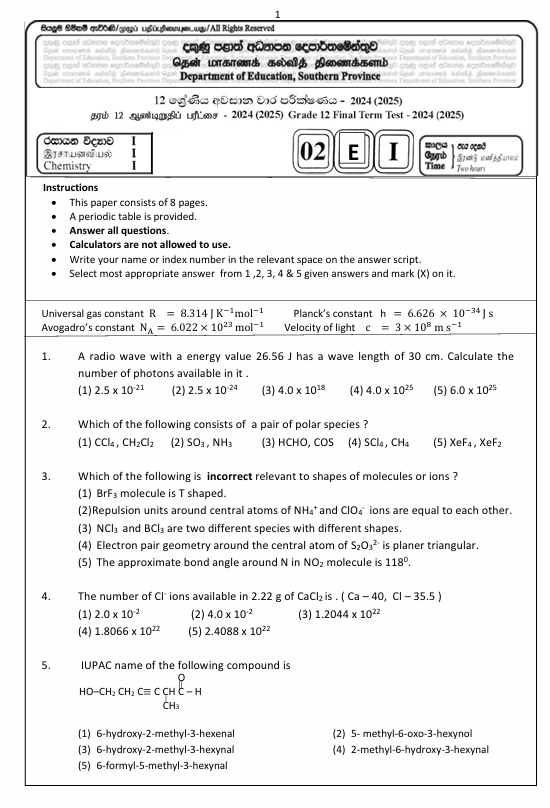 Southern Province Grade 12 Chemistry Third Term Test Paper 2024 in English Medium