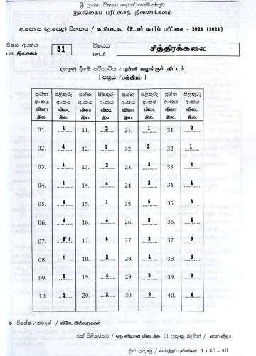 Official G.C.E. 2023(2024) A/L Art Answer Sheet Tamil Medium PDF