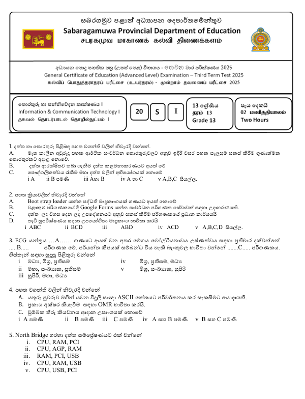 Sabaragamuwa Province Grade 13 ICT Third Term Test Paper 2025 With Answers