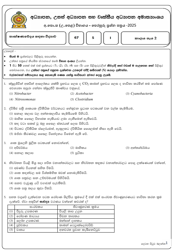 Ministry Of Education A/L SFT Model Paper 2025 in Sinhala Medium With Answers