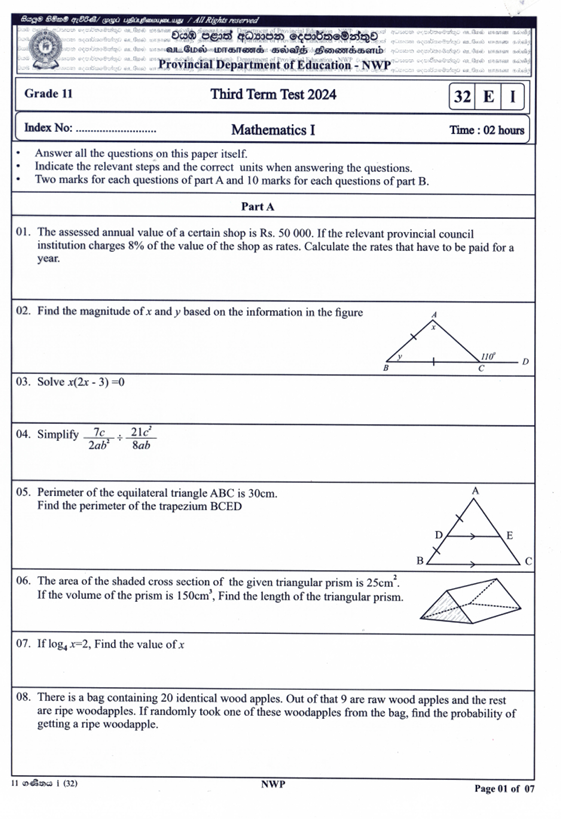 2024 Grade 11 Mathematics Third Term Test Paper PDF in English Medium