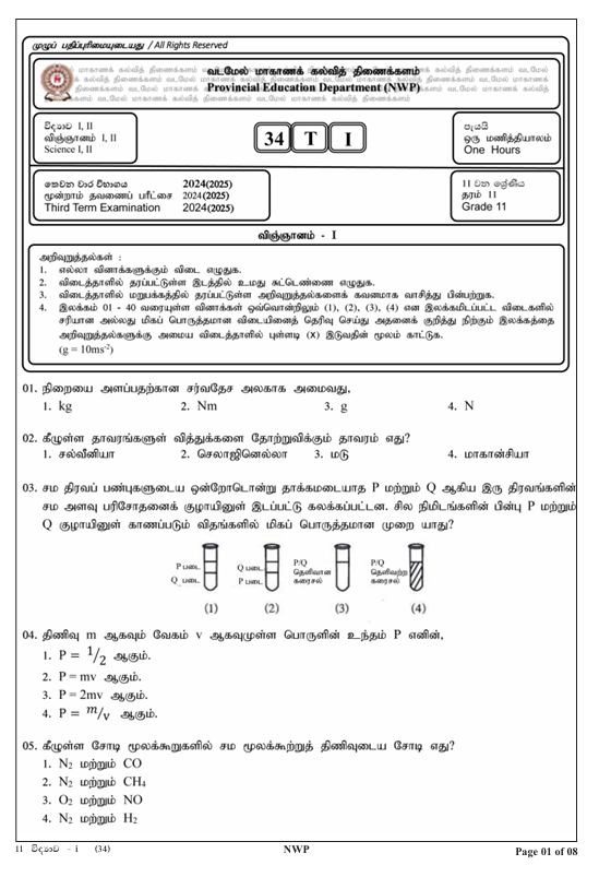 2024 Grade 11 Science Third Term Test Paper PDF With Answers in Tamil Medium