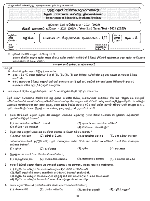 2024 Grade 10 Business Studies Third Term Test Paper PDF with Answers In Sinhala Medium