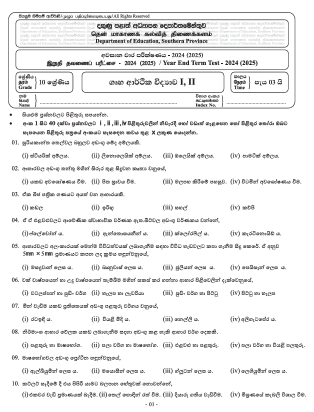 2024 Grade 10 Home Economics Third Term Test Paper PDF In Sinhala Medium