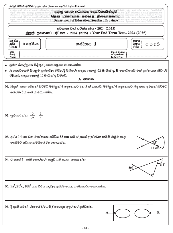 2024 Grade 10 Mathematics Third Term Test Paper PDF In Sinhala Medium