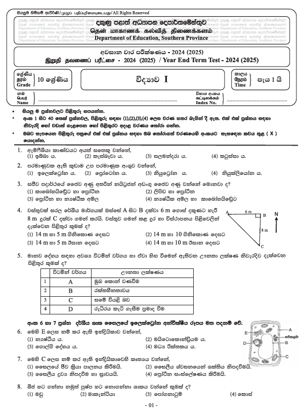 2024 Grade 10 Science Third Term Test Paper PDF With Answers In Sinhala Medium