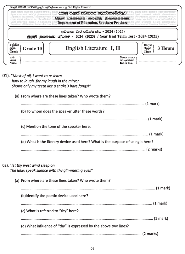 2024 Grade 10 English Literature Third Term Test Paper PDF