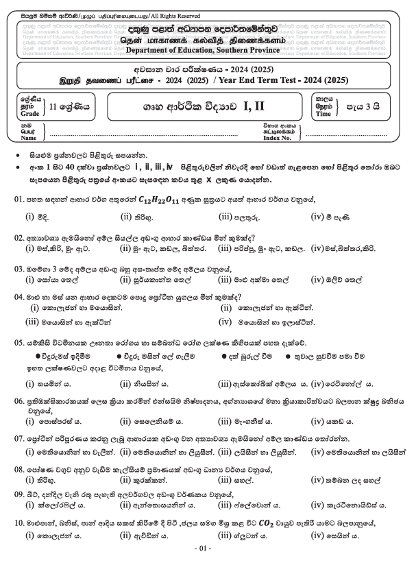 2024 Grade 11 Home Economics Third Term Test Paper PDF In Sinhala Medium