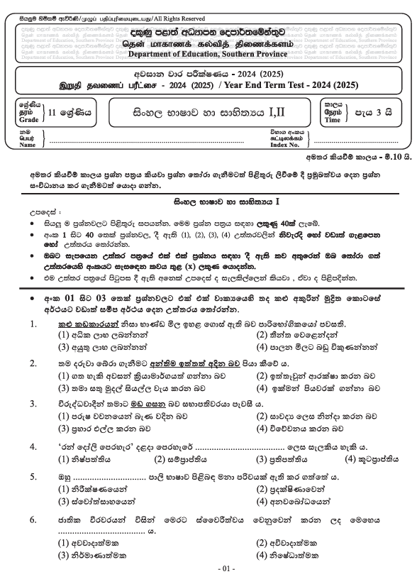 2024 Grade 11 Sinhala Third Term Test Paper PDF with Answers