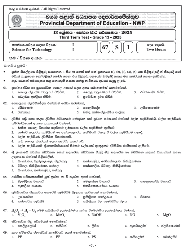 Northwestern Province Grade 13 SFT Third Term Test Paper 2025 With Answers