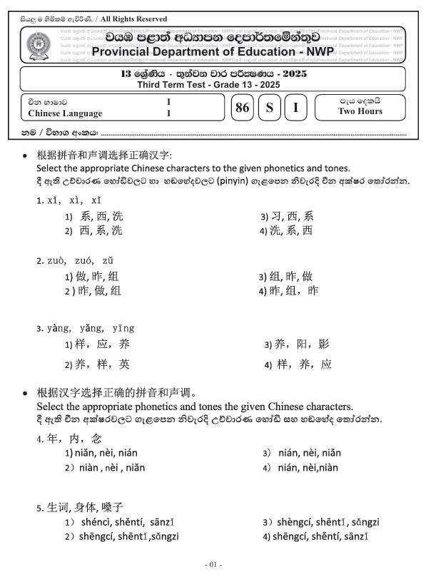 Northwestern Province Grade 13 Chinese Language Third Term Test Paper 2025