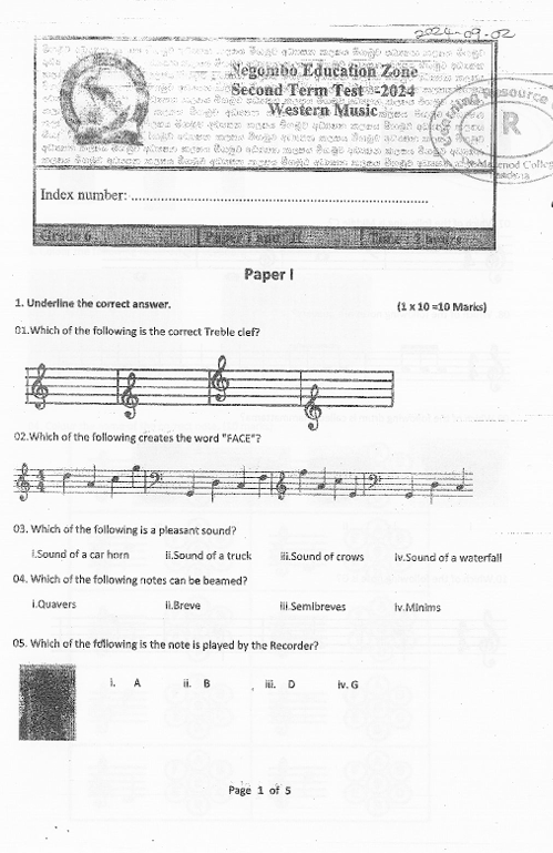 2024 Grade 06 Western Music Second Term Test Paper PDF