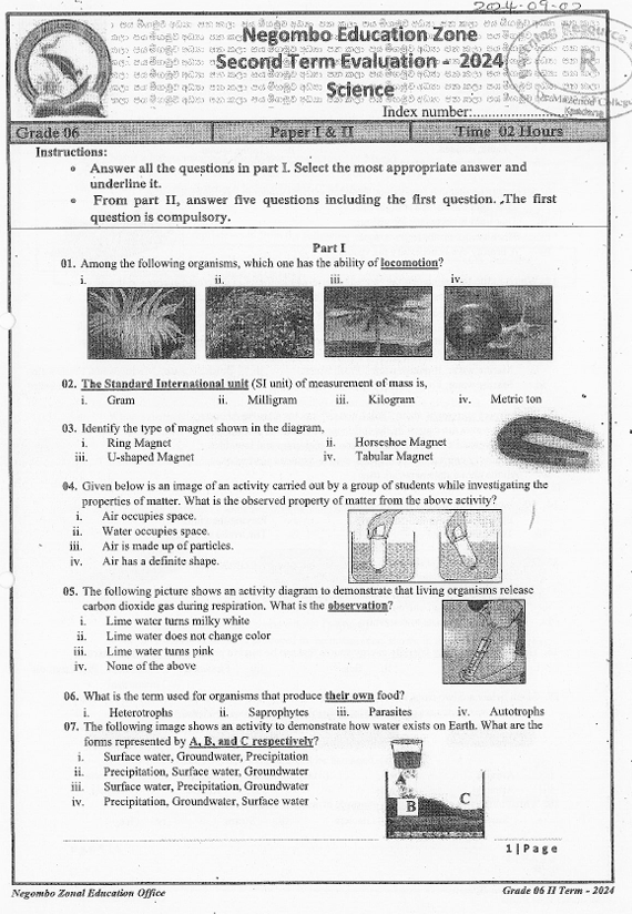 2024 Grade 06 Science Second Term Test Paper PDF in English Medium